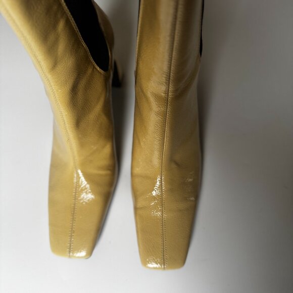 New ZARA Leather Patent Beige High Heel Ankle Boots Bootie Elastic Square toe 7 - Picture 4 of 11